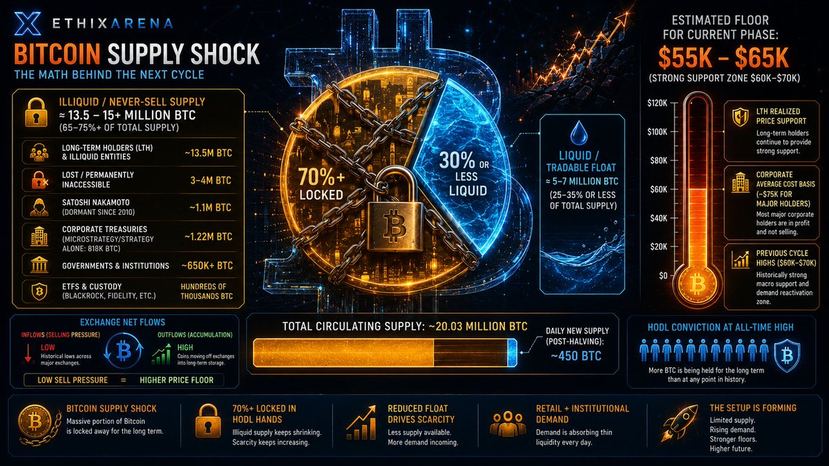 EthixArena's tweet photo. 1/5

🚨 Bitcoin’s real supply shock isn’t coming…it’s already here.

Most people think there are ~20 million BTC available.

They’re wrong.

I just put together this visual breakdown that shows why the actual tradable Bitcoin is terrifyingly small and why this could set up one of the strongest spikes we’ve ever seen.

Look at the image and tell me if your brain doesn’t instantly click…

👇