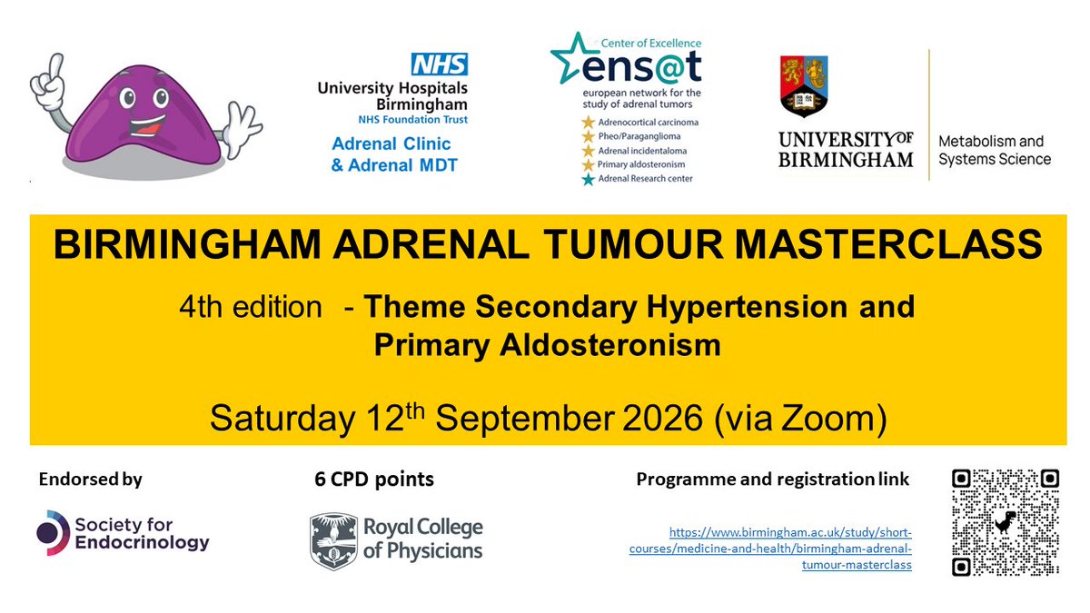 Bham_AT's tweet photo. 🚨 Registrations for the Birmingham #Adrenal Tumour Masterclass 2026 NOW OPEN! Hurry up.
ℹ️Date 12/09/2026 - Time 9.00am-5.00pm
ℹ️Topic: secondary #hypertension &amp; primary aldosteronism 
https://t.co/u5MgKUrHNZ
@unibirmingham @UoB_MSS @UoBmedicalsci @uhbtrust @UHBCancer @Soc_Endo https://t.co/hvocDaIGGG