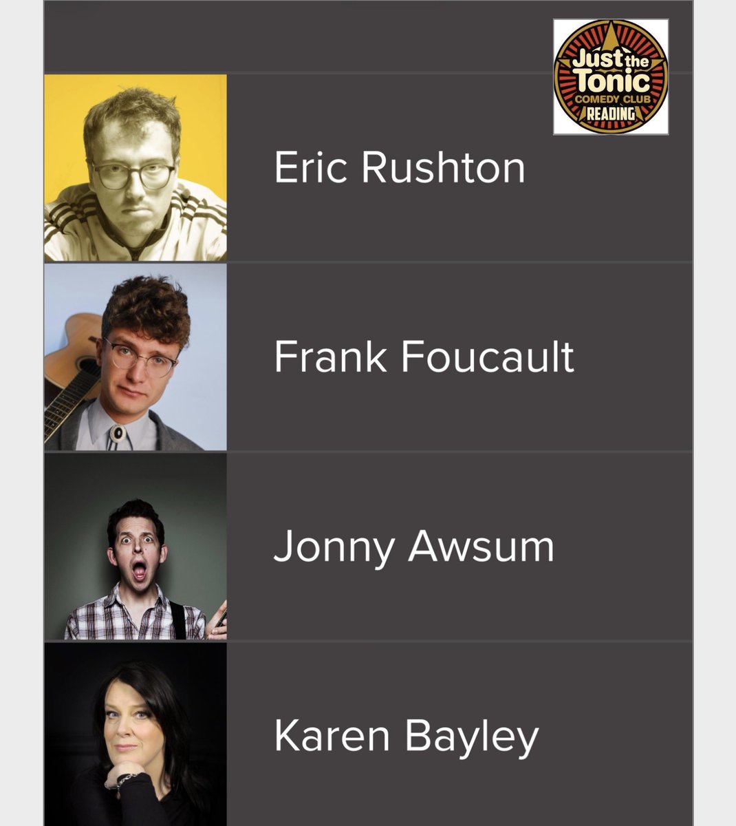SourceOfHumour's tweet photo. See @FrankFoucault on this fab line-up at Just The Tonic Comedy Club in Reading on 13th June.

https://t.co/oI2cliEN0h

 #reading #Berkshire #comedynight https://t.co/zPXdzjk7hH