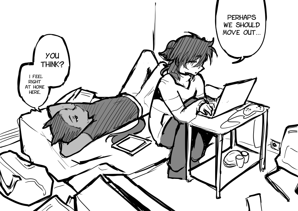 Machibarusu's tweet photo. -=- A Life to Live Together - Snapshot #086 -=-

Living in a cramped apartment is tough... Luckily, these two get along great!

Illustration by @AyuumikoChan https://t.co/K9DS2ZFE9b