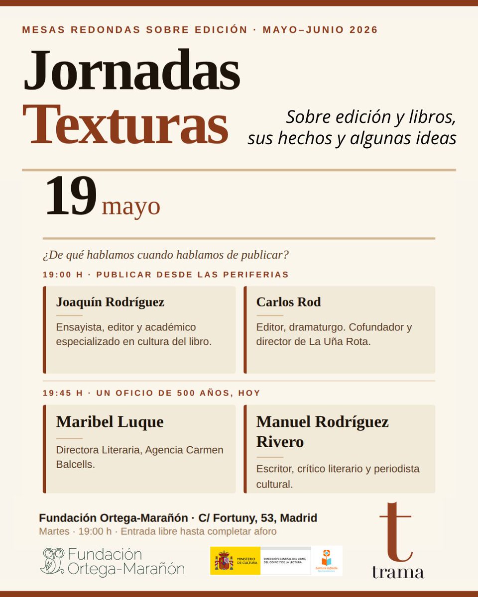 TramaEditorial's tweet photo. Las Jornadas #Texturas no podían arrancar de mejor manera @futuroslibro @launarota @agencia_balcells
🗓️ Martes 19 de mayo
⌚ 19,00h
📌 @fortegamaranon
ℹ️https://t.co/rVAHDYiIfC https://t.co/qT2pNsWLsJ