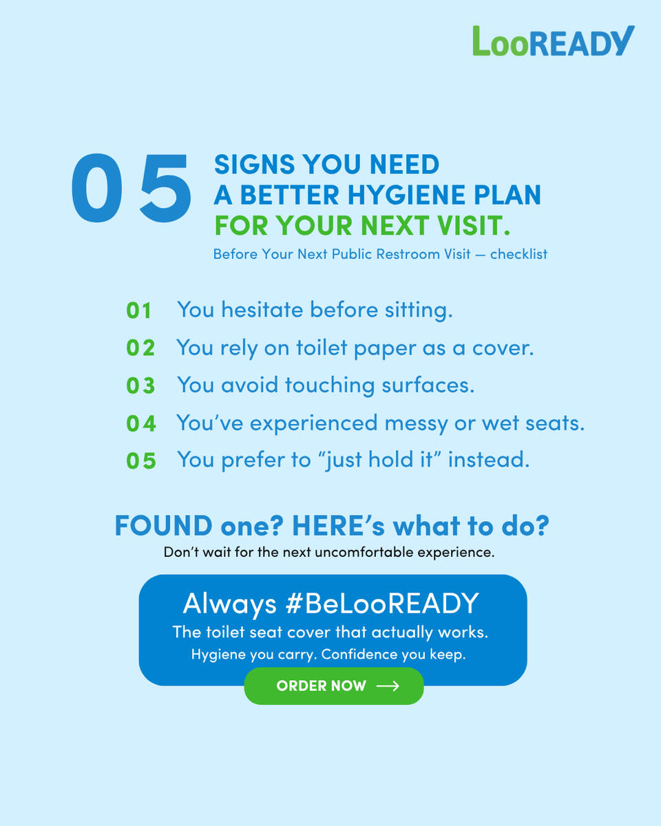 looready's tweet photo. That pause before sitting ? That’s your hygiene instinct.

If you hesitate, use toilet paper as a cover, avoid surfaces, or have seen messy seats - you already know the problem.

LooREADY gives you a clean, flushable barrier 💚
No stress. Sit with confidence. Always #BeLooREADY https://t.co/n0DoNliYqq