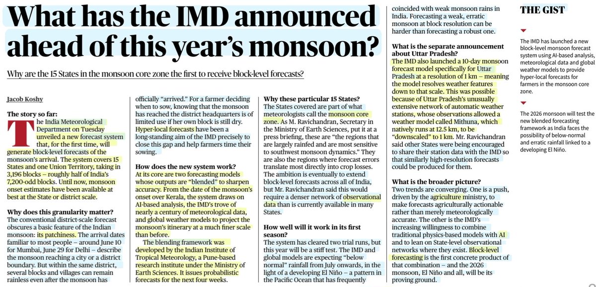 imRavikantYadav's tweet photo. What has the IMD announced ahead of this year's Monsoon?
:Details by Mr Jacob Koshy
@neutranino
#IMD #WeatherForecast #Monsoon
#BloclLevelForecasting #HyperLocalForecast
#Agriculture #ArtificialIntelligence
#UttarPradesh #Mithuna
#UPSC
Source: TH https://t.co/e6kplxInmJ