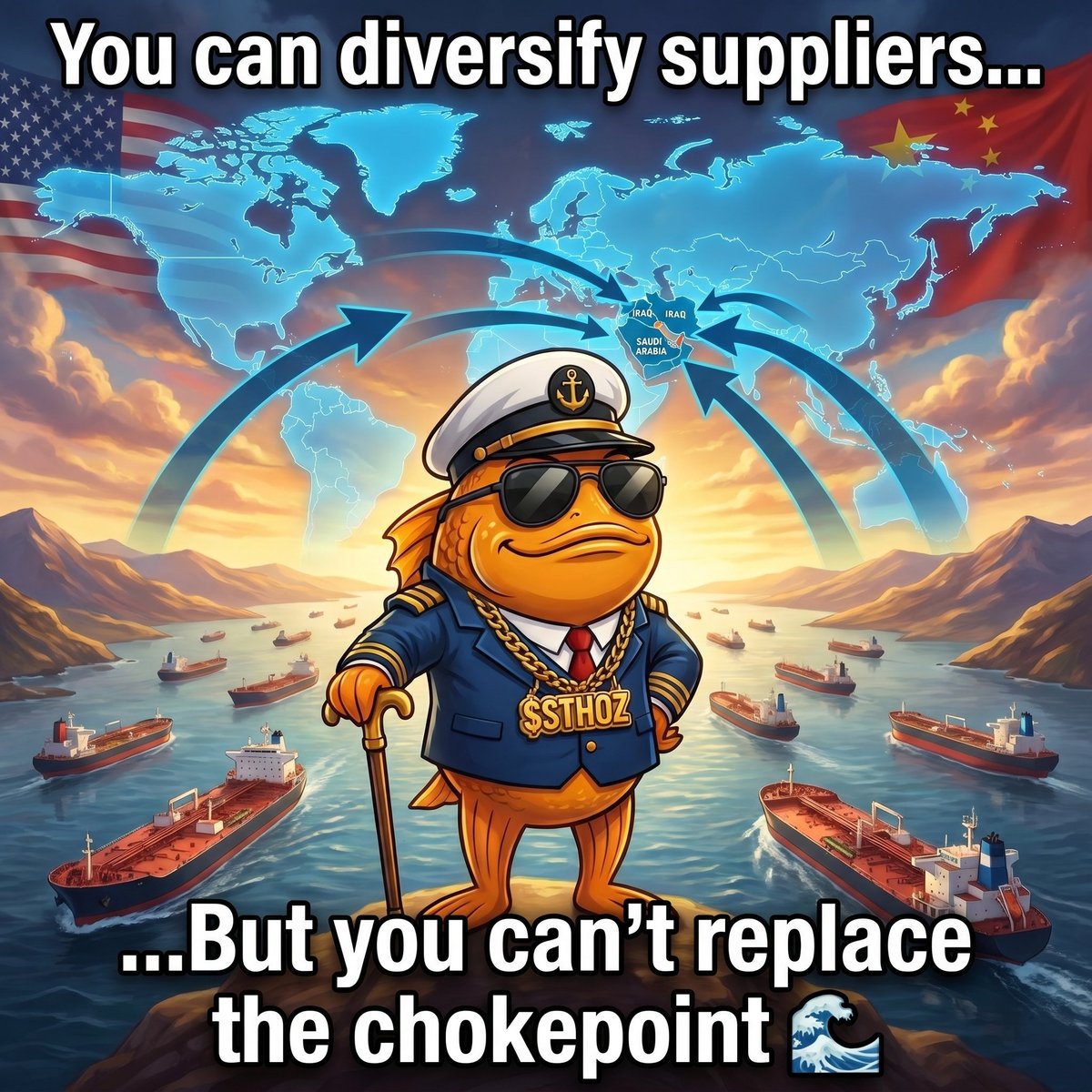 StraitHormuzX's tweet photo. Interesting China trying to buy more US oil to reduce reliance on Middle East supply…  
But even then, a massive portion of global oil (especially from Saudi, Iraq, Kuwait, UAE) still has to pass through the **Strait of Hormuz** every single day.  
You can diversify, but you can’t replace the chokepoint.  That’s why $STHOZ exists