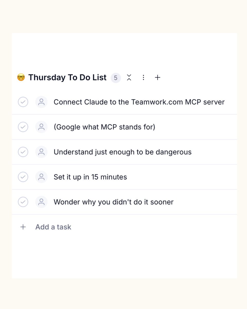 teamworkdotcom's tweet photo. Ready to unlock serious value from AI in less than 15 minutes? 👀

Connecting Claude to the https://t.co/PMAL0oTG2F MCP server means your AI can securely work with your live projects and team context — drafting reports, spotting risks, pulling updates, and handling the admin work that normally eats up your week.

Once connected, your AI stops acting like a generic chatbot and starts working more like a coworker.

Check out the full guide below covering:
→ what Claude is 
→ how Claude connects to https://t.co/PMAL0oTG2F
→ real use cases for ops and delivery teams
→ Step-by-step set up video 
→ and why it matters for your team

Read it here 👉 https://t.co/GZlfWGHsnX