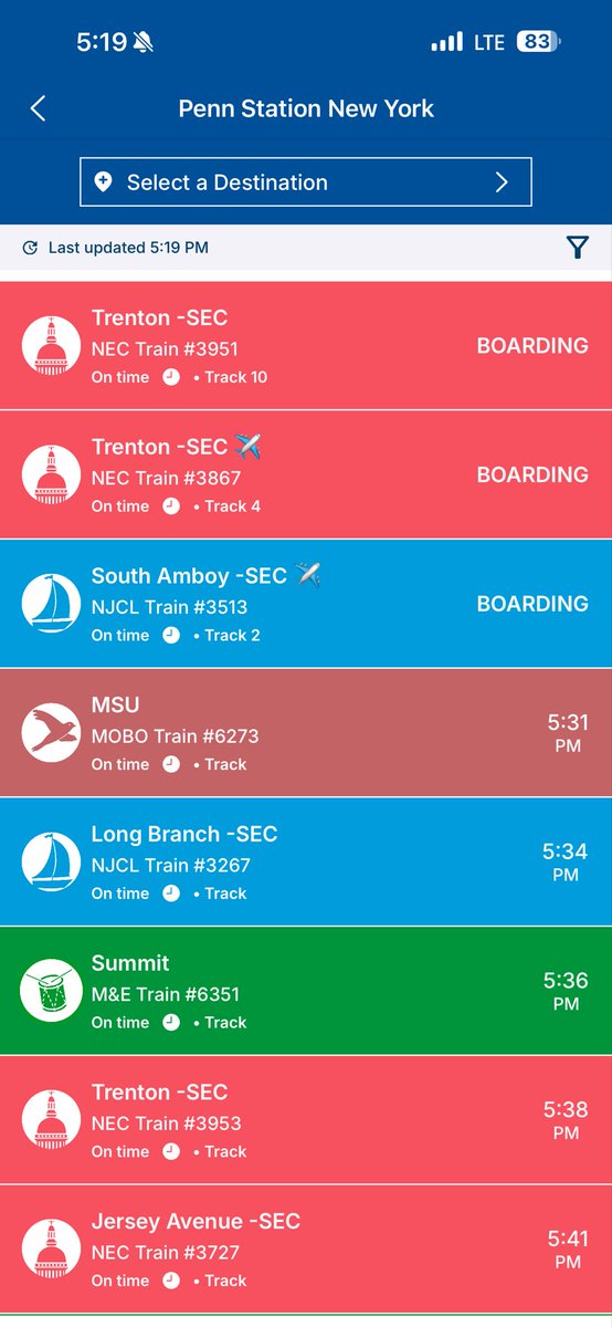 YardleyFFL's tweet photo. @NJTRANSIT your new app makes it harder to use useful tools. Now departurevision lists the track number in the smallest font possible and doesn’t indicate when trains that are ‘boarding’ are actually scheduled to depart. Not helpful. Also you can’t pull down to refresh departurevision, now you have to go to another screen and then back. Did actual customers beta test this?