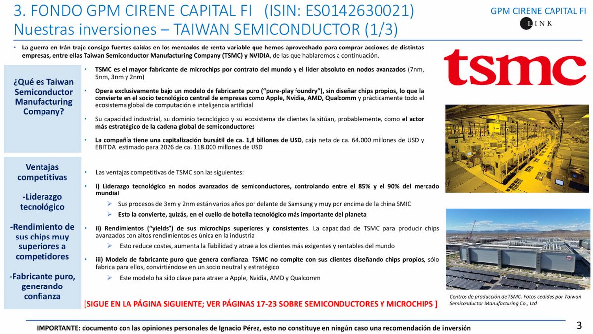 IPCastelblanque's tweet photo. -Sección especial. ¿Qué es un semiconductor? ¿Qué es un microchip? ¿Cómo se fabrica y qué empresas participan en el proceso?

-Enlace a algunas entrevistas en
@elEconomistaes
@CitywireSpain
@Economia_TN     

En el siguiente enlace podrás encontrar la presentación del tercer trimestre de nuestro fondo GPM CIRENE CAPITAL 

https://t.co/cQ2bqrnxhz