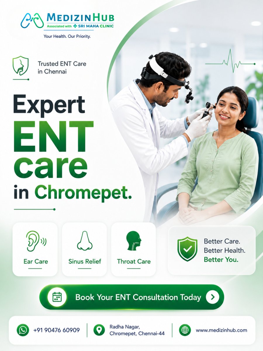 medizinhub's tweet photo. Expert ENT care in Chromepet 👂👃🗣
Visit MedizinHub for sinus relief, ear care, throat treatment & allergy consultation. Better care. Better health.
#ENTCare #Chromepet #Chennai #ENTDoctor #SinusRelief #EarCare #ThroatCare #Healthcare #MedizinHub #ENTClinic https://t.co/LfSmOcd3Yg