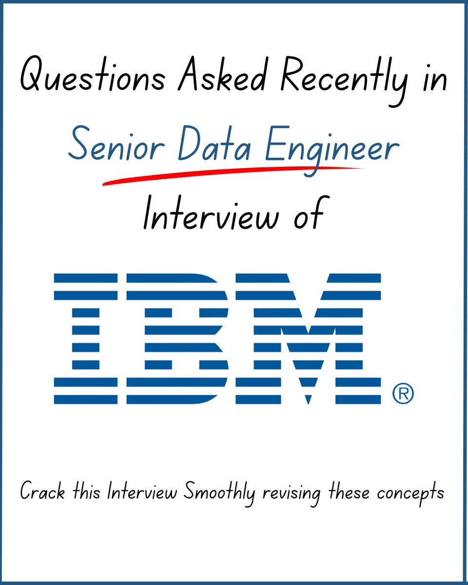 bigdatasumit's tweet photo. IBM asked these questions recently in its Interview for Senior Data Engineer role

4 of my students who were hired by IBM recently, got into projects with Top Banking, Automobile and Energy clients.

Rounds – 1 Technical & 1 Technical + Managerial

These are the exact questions, they were asked;

SQL & Pyspark Question:

•Return matching records from 2 tables which also contain Null values
•Return all records from Left Table which matches with Right Table
•Return all records from Right table
•From a Travel history table containing User Id, City and Travel Date, identify the source and destination city of each journey?
•Find 4th highest salary for each department
•What is the difference between Rank & Dense_Rank
•Narrow Vs Wide Transformation
•How do you handle a Data Skew

Project Related Question:

•Give a brief about your last data engineering project?
•How many task, stages and partitions were created in your last project?
•Did you face any sudden job delay in your previous project. How did you debug it?

Databricks Question:

•How do you pass parameter from one Notebook to another Notebook?
•If records are moved from source to target table, and source is deleted. How do you identify the deleted records? (Upsert & Delete detection)
•Explain Databricks Architecture?
•Explain ACID properties with an example.
•A Delta table is grown to double over time. How would you optimise the performance of this Delta table?

Managerial Question:
•Did you come across any conflict situation with your team members earlier. How did it get resolved?
•If you face a major misalignment with a big client related to project timelines. How do you address this?

Way of asking question might change, but concepts behind them remains the same. Don’t forget to get your fundamentals strong.