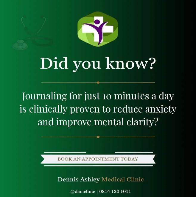 DAMClinic's tweet photo. Your mind is loud.

Journaling for 10 mins/day quiets it, clinically proven. 

No excuses. Just a pen and 10 minutes.
When your body needs the same care, we're one call away. 📞

Dennis Ashley Medical Clinic | 0814 120 1011 https://t.co/ntfh507aVs