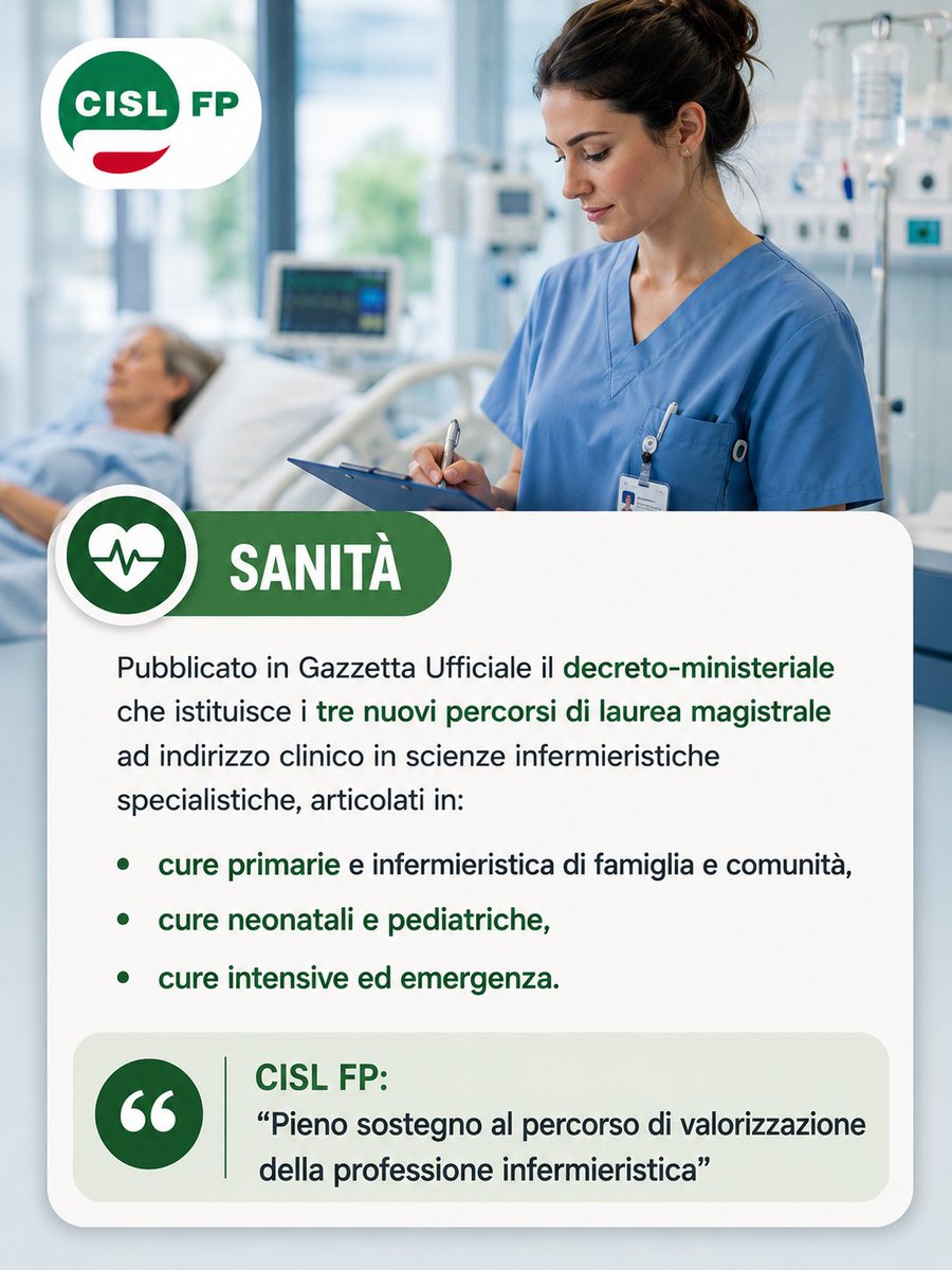 cislfp's tweet photo. 𝗡𝘂𝗼𝘃𝗲 𝗹𝗮𝘂𝗿𝗲𝗲 𝗺𝗮𝗴𝗶𝘀𝘁𝗿𝗮𝗹𝗶 𝗰𝗹𝗶𝗻𝗶𝗰𝗵𝗲 𝗽𝗲𝗿 𝗴𝗹𝗶 𝗶𝗻𝗳𝗲𝗿𝗺𝗶𝗲𝗿𝗶: una svolta che va nella giusta direzione ✅ 

🔗 Leggi il punto della @cislfp :  
https://t.co/4MUanuiNY8 https://t.co/8UagkeX4XC