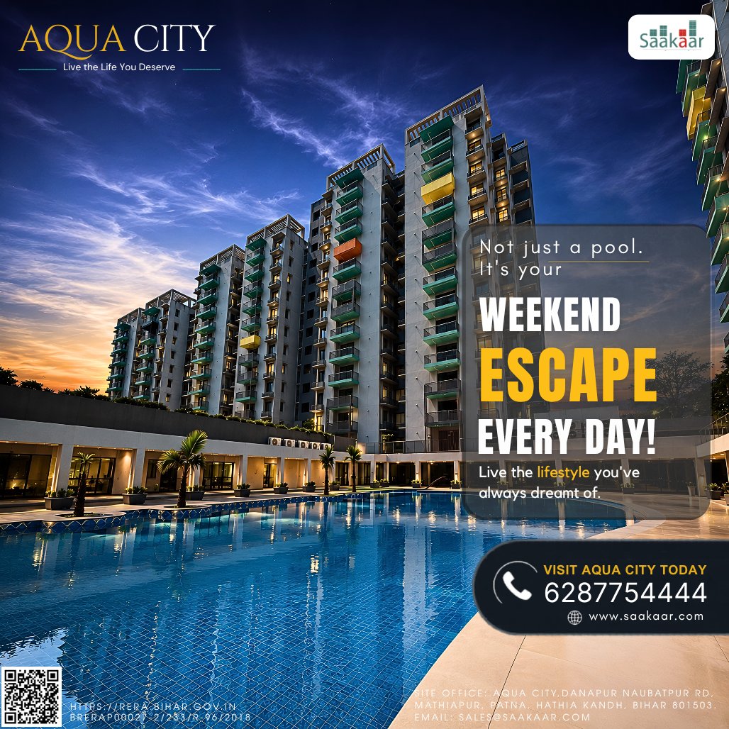 SaakaarConst's tweet photo. Weekend escape meets everyday luxury at Aqua City, Patna.While the world talks tariffs, Trump, China &amp; Blackout Day, smart investments still begin at home.#AquaCity #PatnaRealEstate #BlackoutDay #Trump #China #LuxuryLiving #DreamHome #Danapur #RealEstateIndia https://t.co/v3yZNG5QLt