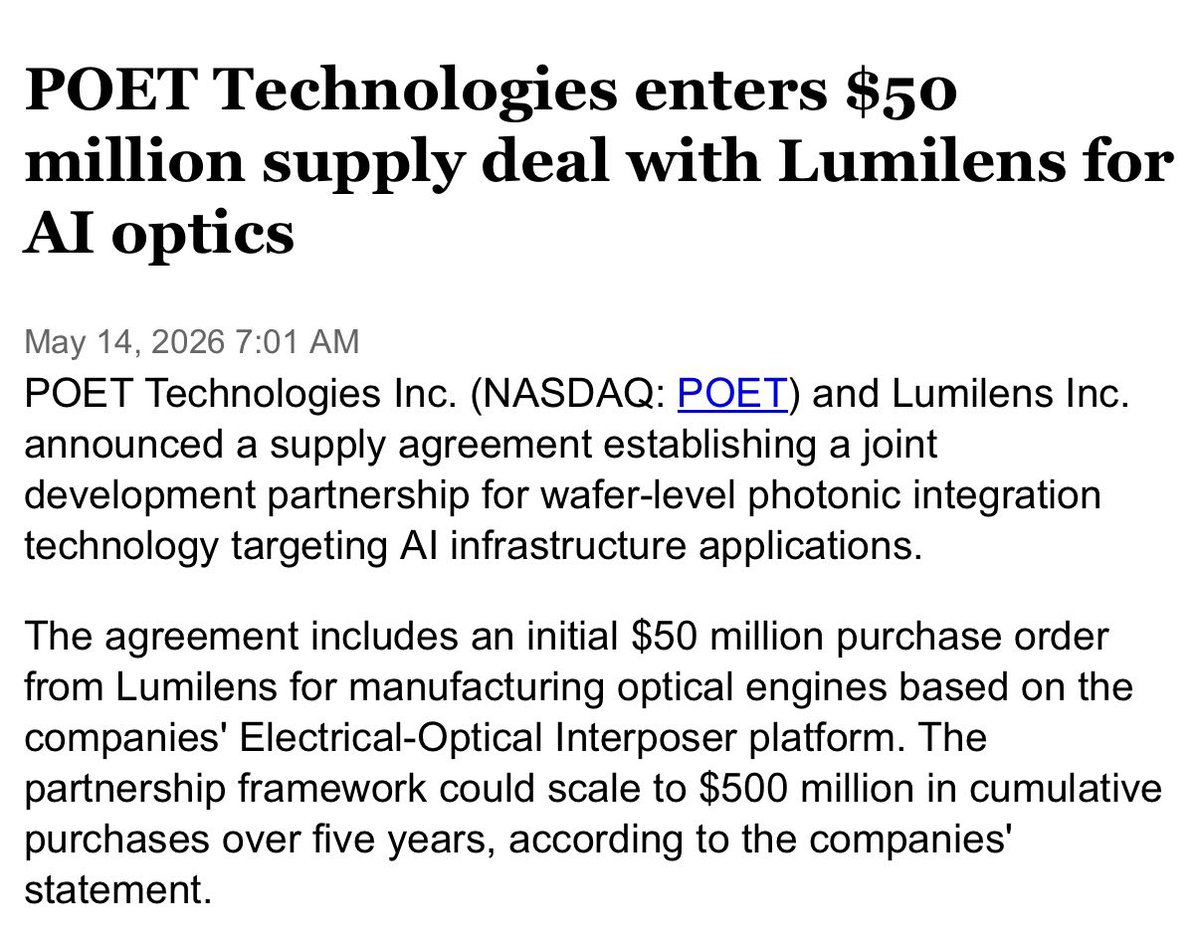 PlayBookTrades's tweet photo. $POET

Glad I held some of my for the ride.

Some news this morning: POET Technologies enters $50 million supply deal with Lumilens for AI optics.

It’s not Foxconn level or anything much but it’s a start. 👍🏻

Back then, this was exactly what I said in my thesis below; I wanted to see them have contract news to have a sentiment shift after the $MRVL debacle. 

Earnings is coming up as well, will be watching dips to increase exposure!