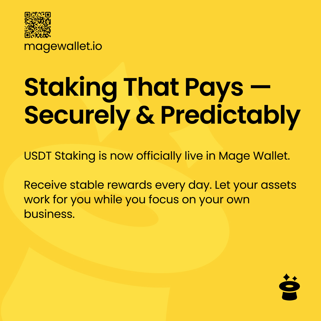Mage_Wallet's tweet photo. Boost your portfolio with Mage Staking! ⚡️

USDT staking is officially LIVE. Get stable rewards every day and let your assets work for you in the background. Secure, simple, and rewarding.

🌐 Start earning: https://t.co/jTL5SaWxEy

#MageWallet #Staking #Crypto #USDT #Web3 https://t.co/IGt4h5rrNr