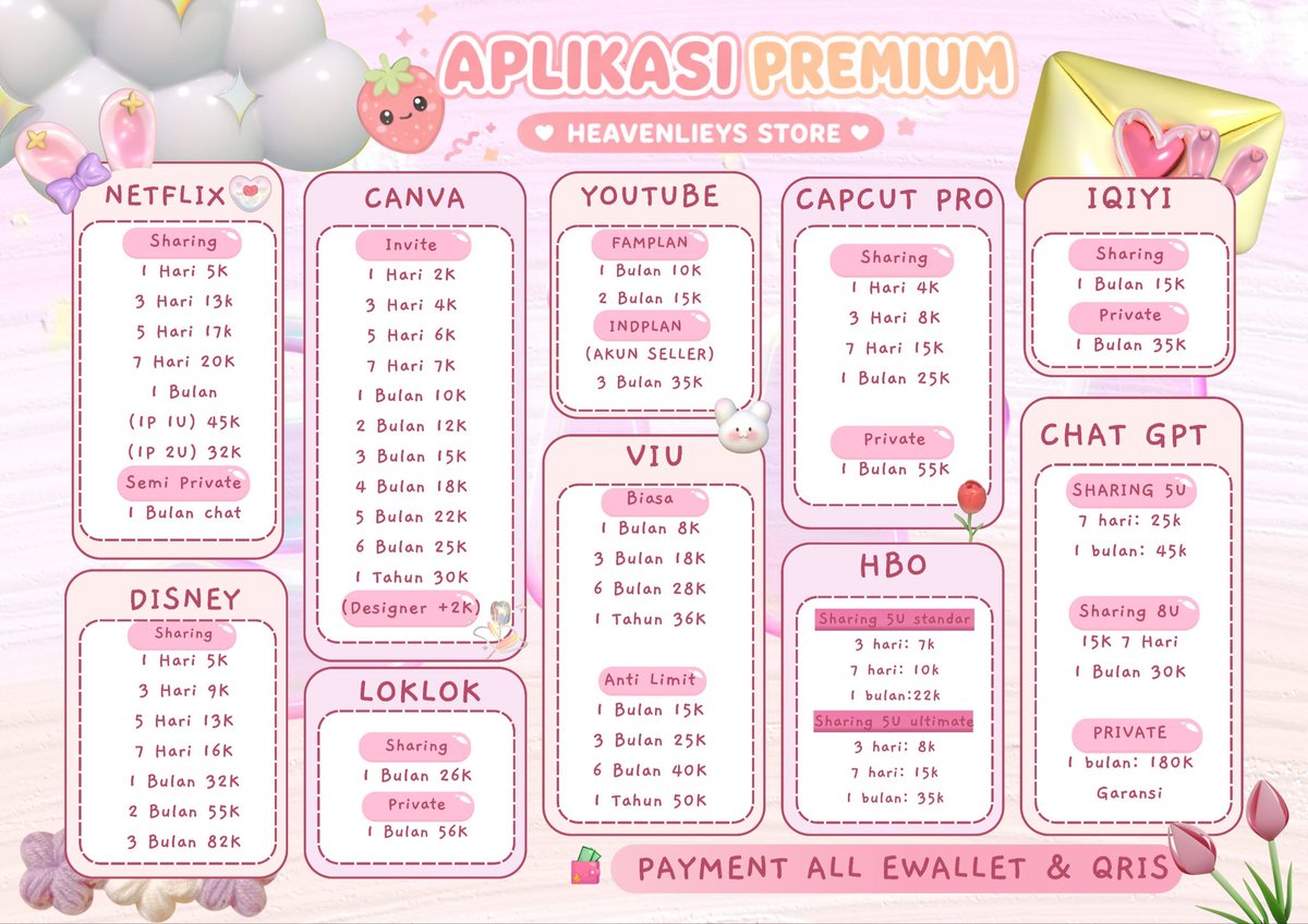 ceyaqr's tweet photo. ‧໒꒱ ‧₊˚ netflix, canva, capcut, chatgpt, disney+, hbo, viu dll 💭🎀
harga ramah kantong + fast respon 🫶🏻 FAST RESPON ON WA https://t.co/YtRcCdxwvU
payment bisa all e-wallet &amp; qris 💌

#zonauang #zonaba #zonajajan https://t.co/SPbE15scab