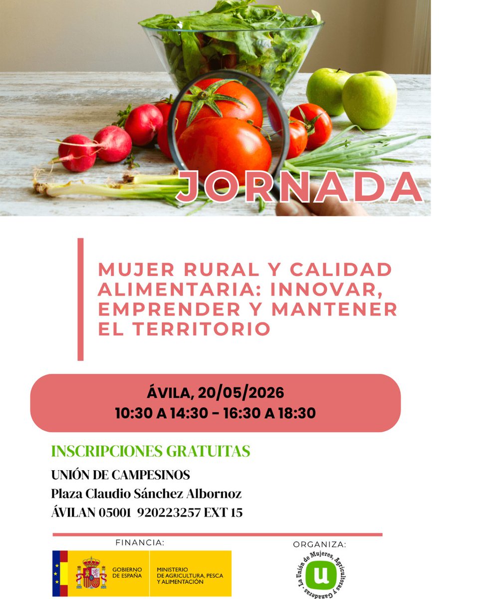 Launionmujeres's tweet photo. Jornada gratuita de “MUJER RURAL Y CALIDAD ALIMENTARIA: Innovar, emprender y mantener el territorio”, se celebrará el día 20 de mayo, en horario de 10:30-14:30 y de 16:30-18:30 horas en la SEDE DE UCCL-ÁVILA, plaza Claudio Sánchez Albornoz, 4 – Ávila. https://t.co/Qj2k60X8GE