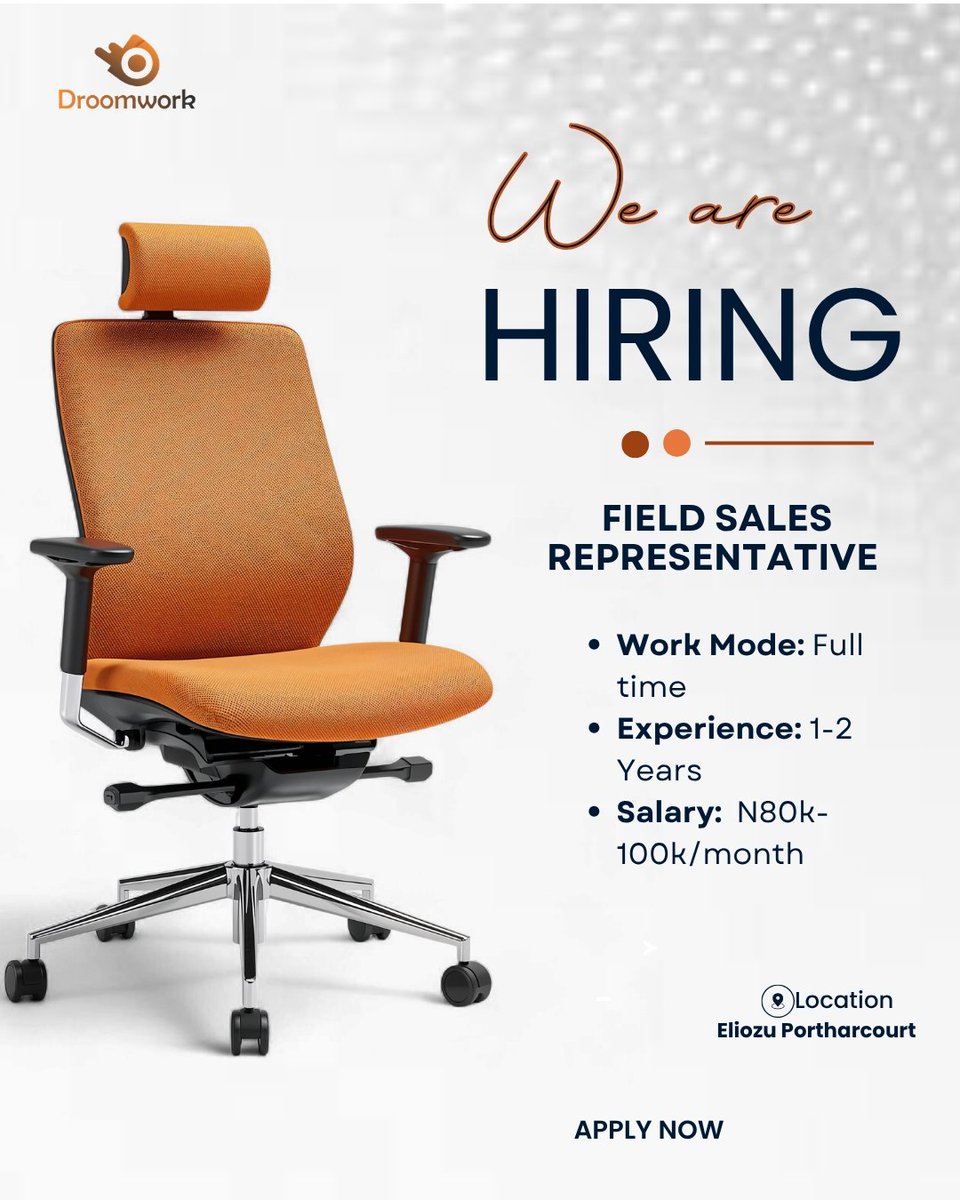 droom__work's tweet photo. Job Description: Field Sales Representative

 Location: Eliozu, Port Harcourt (Persons living around Eliozu, Rumuokoro, Rukpokwu axis will be prioritized)
 Employment Type: Full-time (Onsite)
Salary: 80,000 - 100,000 https://t.co/xdSBYdkRML