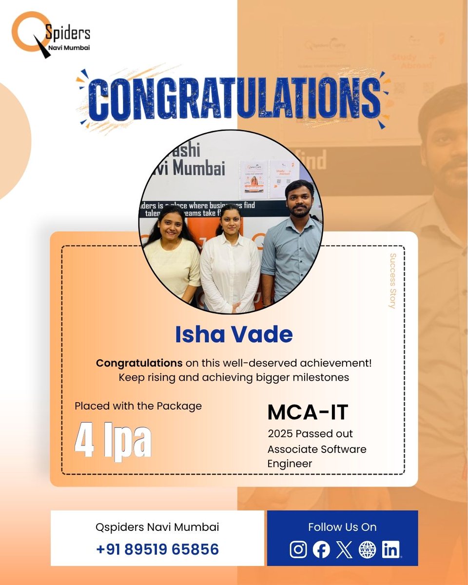 Qsp_NaviMumbai's tweet photo. Big congratulations to Isha Vade 🎉
Placed as an Associate Software Engineer with 4 LPA 💻🚀
Wishing you continued success and many more achievements ahead! 🌟
#Congratulations #AssociateSoftwareEngineer #Placement #4LPA #QSpiders #SuccessStory #TechCareer #WomenInTech https://t.co/Xq2igraZaC