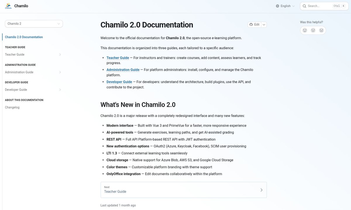 chamilo_news's tweet photo. The Chamilo 2.0 documentation is now available in English, French, Spanish, Dutch, German, Portuguese, Indonesian, Chinese, Japanese and soon many more at https://t.co/J1ec3APnf9

Thanks to @GitBookIO for hosting it.
Gitbook's evolution over the years has been tremendous! https://t.co/nnTWmujD0i