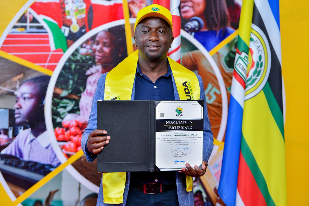 UDAKenya's tweet photo. Following the decisive victory of Samuel Muchina Nyagah in the UDA party primaries, we have officially issued him with the Certificate of Nomination, affirming his position as the Party’s candidate for the Ol Kalou Constituency by-election scheduled for 14th July 2026. 

We have completed our internal democratic process, and our focus shifts to the grassroots as we prepare to deploy our political architecture and a well-coordinated campaign to win the vote and confidence of the Ol Kalou electorate. The campaign will be built on an unwavering commitment to the Bottom Up Economic Transformation Agenda (BETA), inclusive development, and tangible progress that leaves no Ol Kalou resident behind.

UDA Secretary General, Sen. Hassam Omar Hassan expressed confidence in the candidate and lauded the National Elections Board (NEB) for conducting free, fair, and credible nominations with only one dispute lodged and successfully adjudicated upon by Dr. Adrian Kamotho-led Electoral and Nomination Dispute Resolution Committee (ENDRC). 

Nyandarua County Woman Representative, Hon. Faith Gitau expressed her gratitude to President William Ruto for development projects across Nyandarua County.  

Present were UDA National Elections Board (NEB) Chairperson, Anthony Mwaura, Dr. Adrian Kamotho, Chairperson of the ENDRC, Former Cabinet Secretary for Trade, Hon. Moses Kuria, Party Directors, and Members of Nyandarua County Assembly (MCAs). 

Mary Nyokabi, Peter Njoroge Mugo, Peter Chuchu Njuguna, Maina Kiambati, Joseph Ndirangu, Ezekiah Kamweru, Daniel Ndungu, and Stanley Mwangi, aspirants who participated in the nomination exercise, have thrown their support behind Mr. Muchina.