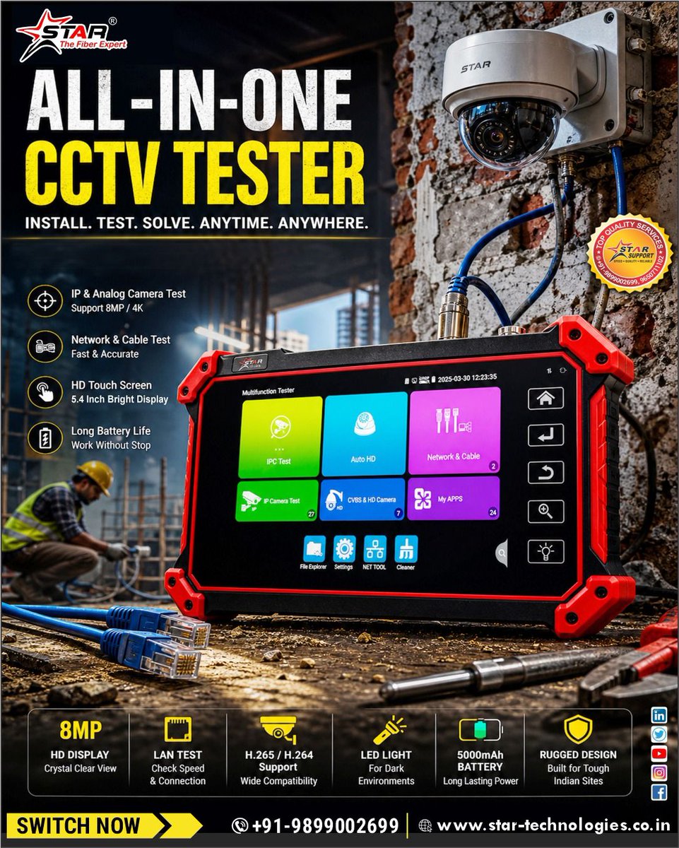 StarInfomatic's tweet photo. Install. Test. Solve. Anywhere. 🔧📹
Meet the STAR All-in-One CCTV Tester — built for technicians who demand speed, accuracy, and reliability on every site. From IP & Analog Camera Testing to LAN diagnostics and 8MP HD support, this rugged device keeps your surveillance projects running smoothly. ⚡

Whether you're installing, troubleshooting, or maintaining CCTV systems — STAR helps you work smarter and faster.
Upgrade your toolkit today. 🚀

#CCTV #CCTVInstaller #SecuritySystem #Surveillance #IPCamera
