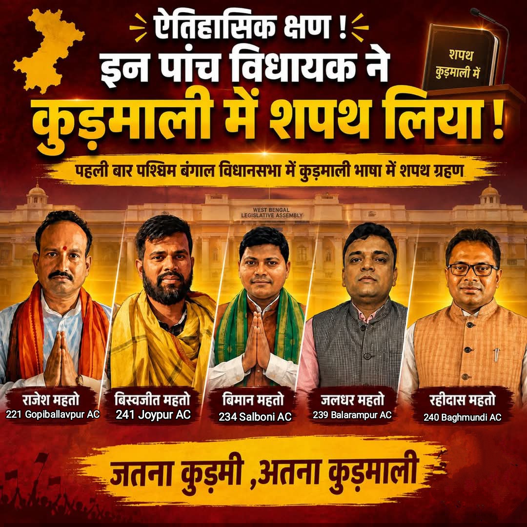 TheKudmiTimes's tweet photo. कुड़माली भाषा के सम्मान का ऐतिहासिक पल! 
पश्चिम बंगाल विधानसभा में पहली बार पांच कुड़मि विधायकों ने कुड़माली में शपथ लेकर इतिहास रच दिया। 
#Kudmali #Kudmi #KudmaliLanguage #WestBengalAssembly #KudmiPride #KudmaliPride #HistoricMoment #KudmiMLA #LanguageIdentity https://t.co/bymDorUYVk