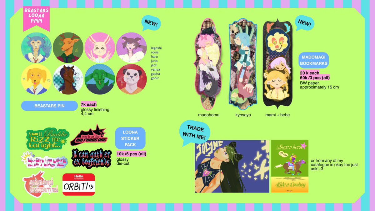 SUIVERSE's tweet photo. likes and replies are appreciated ❤️‍🩹

cf22 comifuro suiverse catalogue finally here h-2 bgt boss

🍓 booth Aktifis Lele G-22 (BOTH DAYS)
🍒 PO for after cf 14-21 may
🍌 hq crk dcmk detco jjba loona madoka magica beastars
🫐 https://t.co/4Bz8EF9Fmn

#cf22 #comifuro22 https://t.co/HP4IHsQba0