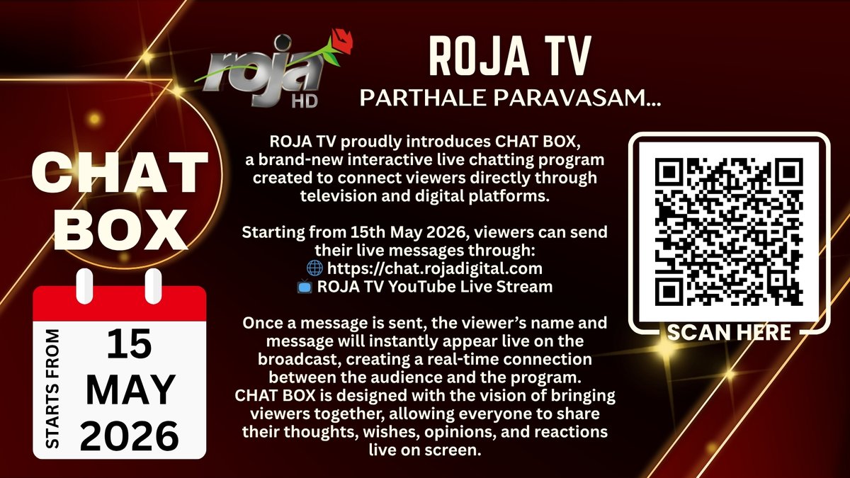 rojatv's tweet photo. Chat Live on ROJA TV - Daily 4 - 5 PM, Click this link : https://t.co/L0diui107m.

Click Send, See on TV.

ROJA TV https://t.co/sSabiw108f