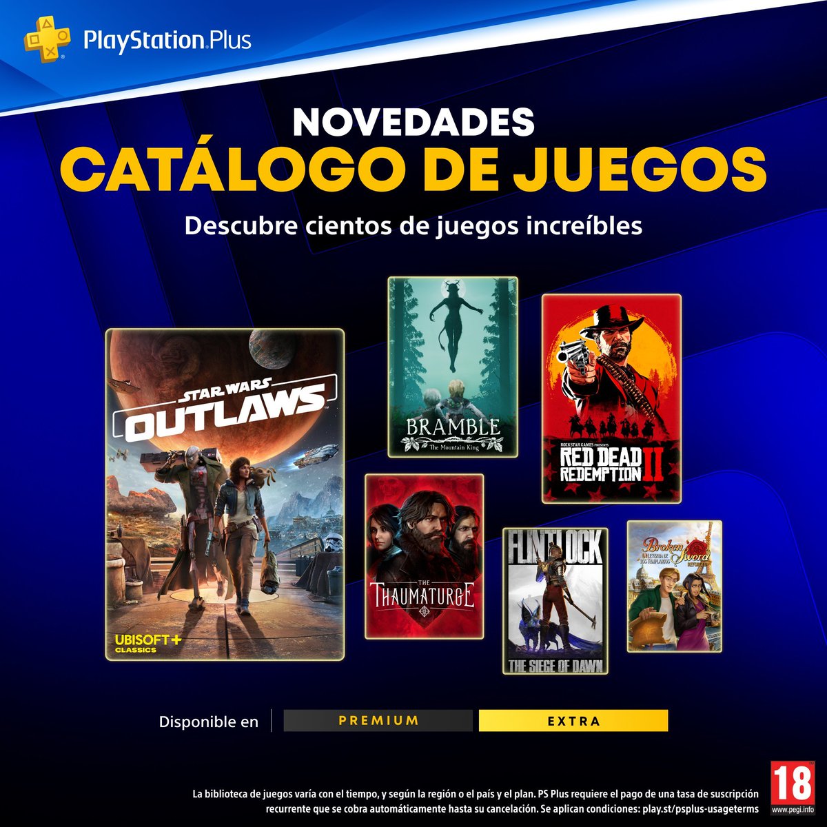 LKennedplay's tweet photo. Catálogo de juegos de #PlayStationPlus EXTRA y PREMIUM para MAYO:
🚀Star Wars Outlaws
🐎Red Dead Redemption 2
📷Broken Sword - La leyenda de los templarios
🌷Bramble
🔫Flintlock
💀The Thaumaturge
Info: https://t.co/5NBsc6PuCL
#Playstation #PS5 #PSplus #News https://t.co/zfETAbnAxT