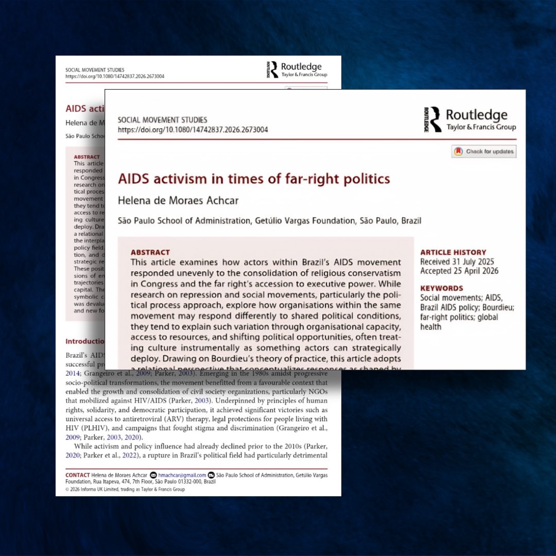 cepesp's tweet photo. #PesquisaEmDestaque | Artigo de Helena Moraes Achcar na revista Social Movement Studies analisa o movimento de AIDS no Brasil após o governo de extrema direita.

Pesquisa de pós-doc no CEPESP (supervisão de @Emassard) @FGV_EAESP com bolsa FAPESP.

🔗 https://t.co/Etzbg5p3a2 https://t.co/2EY73y7ru8