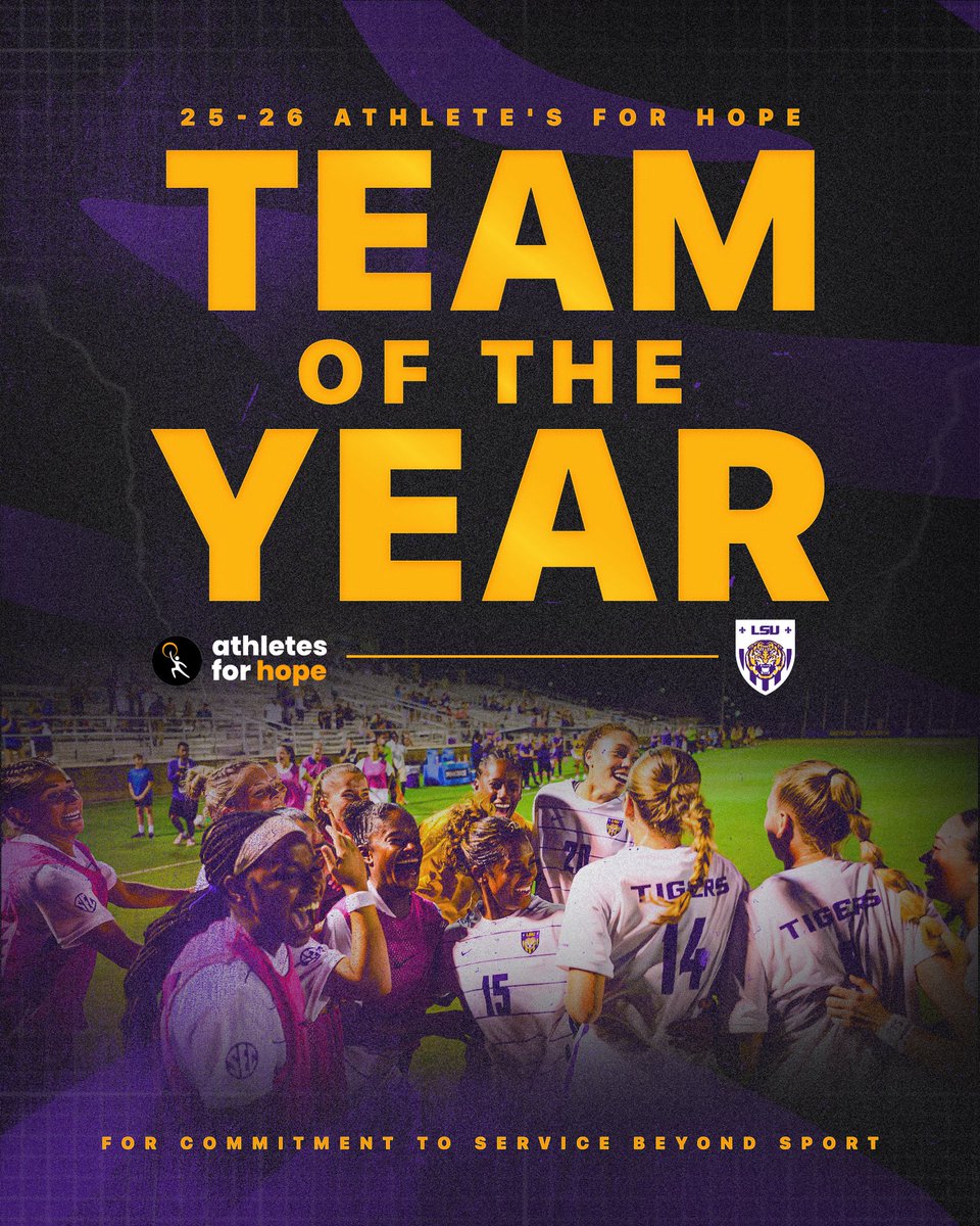 LSUSoccer's tweet photo. Committed to serving our community 💜 the Tigers are your @AthletesForHope Team of the Year! 

LSU was selected the winner from an exceptional class of nominees from all over the country for their leadership, compassion, and commitment to making a difference beyond the game! https://t.co/20mDRmAAWn