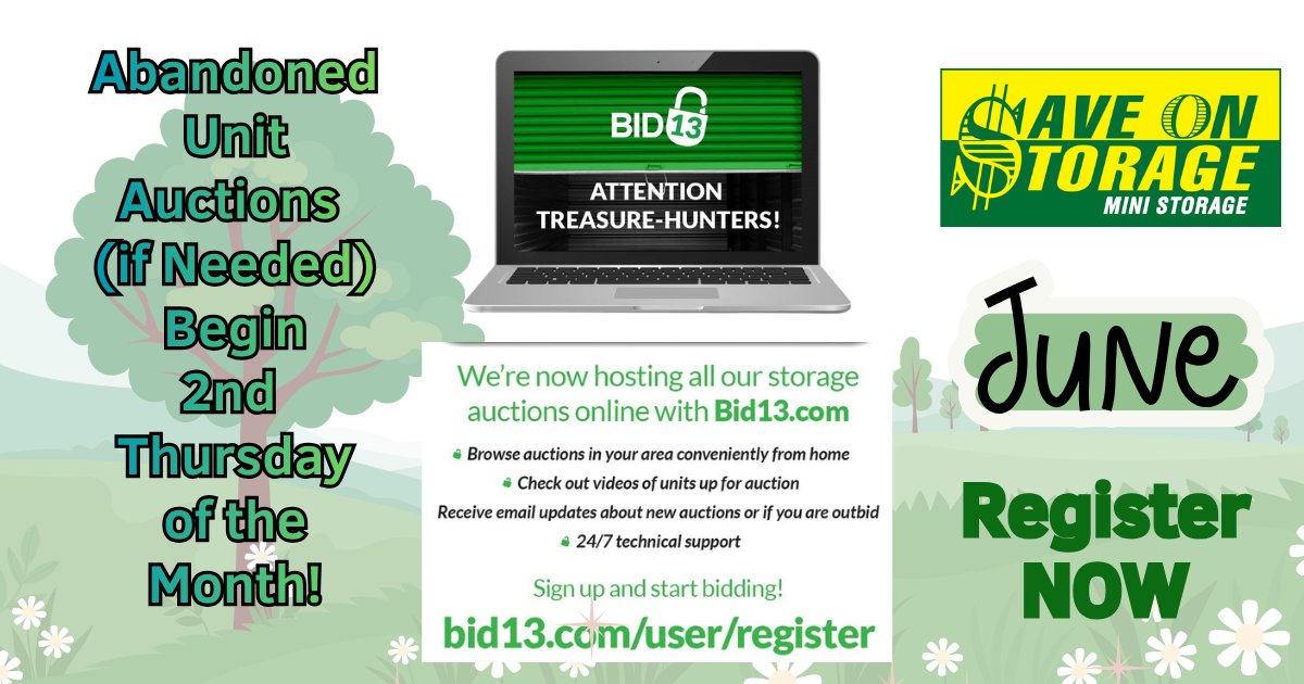 storage_on's tweet photo. Did you know sometimes we must host online abandoned unit auctions?
On an as needed basis, auctions kick off on the second Thursday of each month at 3 PM Pacific Time and runs for 7 days, ending the following Thursday at 3 PM Pacific Time.

Register at https://t.co/wlx4EDYs0W https://t.co/hfAKvImBF3