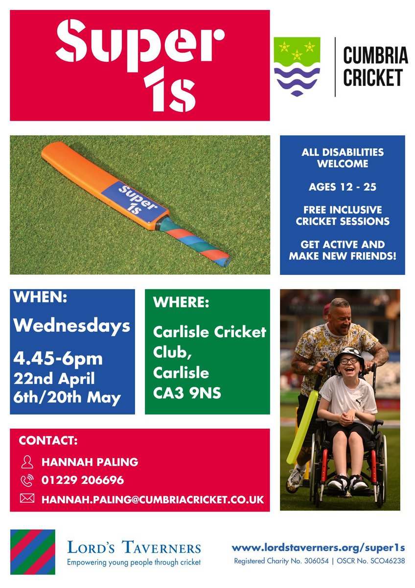 CumbriaCricket's tweet photo. 𝗦𝗨𝗣𝗘𝗥 𝟭𝘀

A trio of Super 1s sessions coming up next week!

📌 Barrow
📌 Carlisle
📌 Penrith

Just turn up! 👋 https://t.co/KwpWEhLuYQ