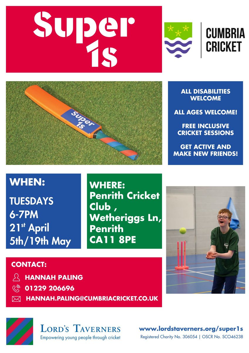 CumbriaCricket's tweet photo. 𝗦𝗨𝗣𝗘𝗥 𝟭𝘀

A trio of Super 1s sessions coming up next week!

📌 Barrow
📌 Carlisle
📌 Penrith

Just turn up! 👋 https://t.co/KwpWEhLuYQ