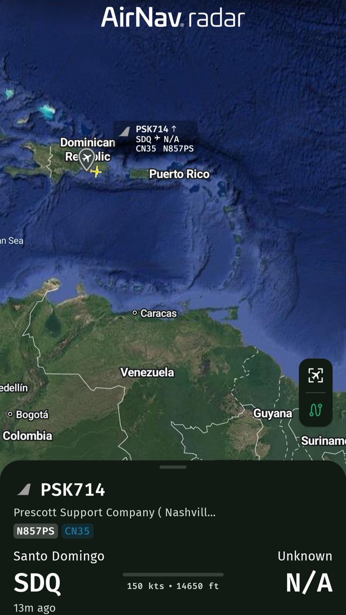 Borrowed7Time's tweet photo. @sipjack1776 @JANN_IIS @LadyAstroJet @AirNavRadar Vale Management Inc (Prescott Support) CN-235-300 N857PS #ABC2AF as PSK714 en route from Santo Domingo to Bridgetown.
@sipjack1776 @JANN_IIS @LadyAstroJet
@AirNavRadar https://t.co/Vjyx48YYIy https://t.co/Ue0j3W9vH5