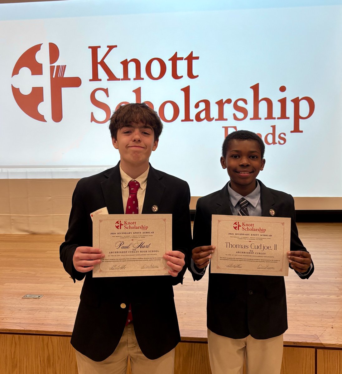 CurleyHS's tweet photo. Archbishop Curley High School proudly congratulates two members of the Class of 2030 on being named 2026 Knott Scholarship Scholars.
Paul Hart, a graduate of St. Michael–St. Clement School, and Thomas Cudjoe II, a graduate of Archbishop Borders School, have each been awarded the prestigious Knott Scholarship to attend Archbishop Curley High School.
These scholarships, funded by the Marion Burk Knott Scholarship Fund and the Marion I. and Henry J. Knott Scholarship Fund, provide four years of full tuition at the Catholic school of each scholar’s choosing.
Archbishop Curley High School is honored to welcome Paul and Thomas to the Curley Brotherhood and celebrates their outstanding academic achievement, leadership, and promise for the future.
