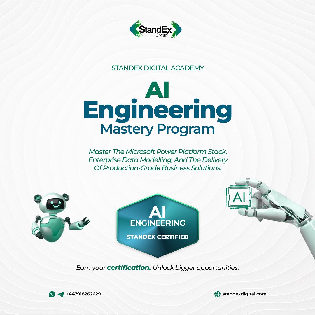 standexdigital's tweet photo. AI Engineering with Microsoft Power Platform &amp; Enterprise Data Modelling!

StandEx Digital Academy AI Mastery Program is now open 🔥

Get StandEx Certified → https://t.co/rdVq96Whn5

+447918262629

#AI #PowerPlatform #DataScience #AICertification https://t.co/ar4ryEy7Vo