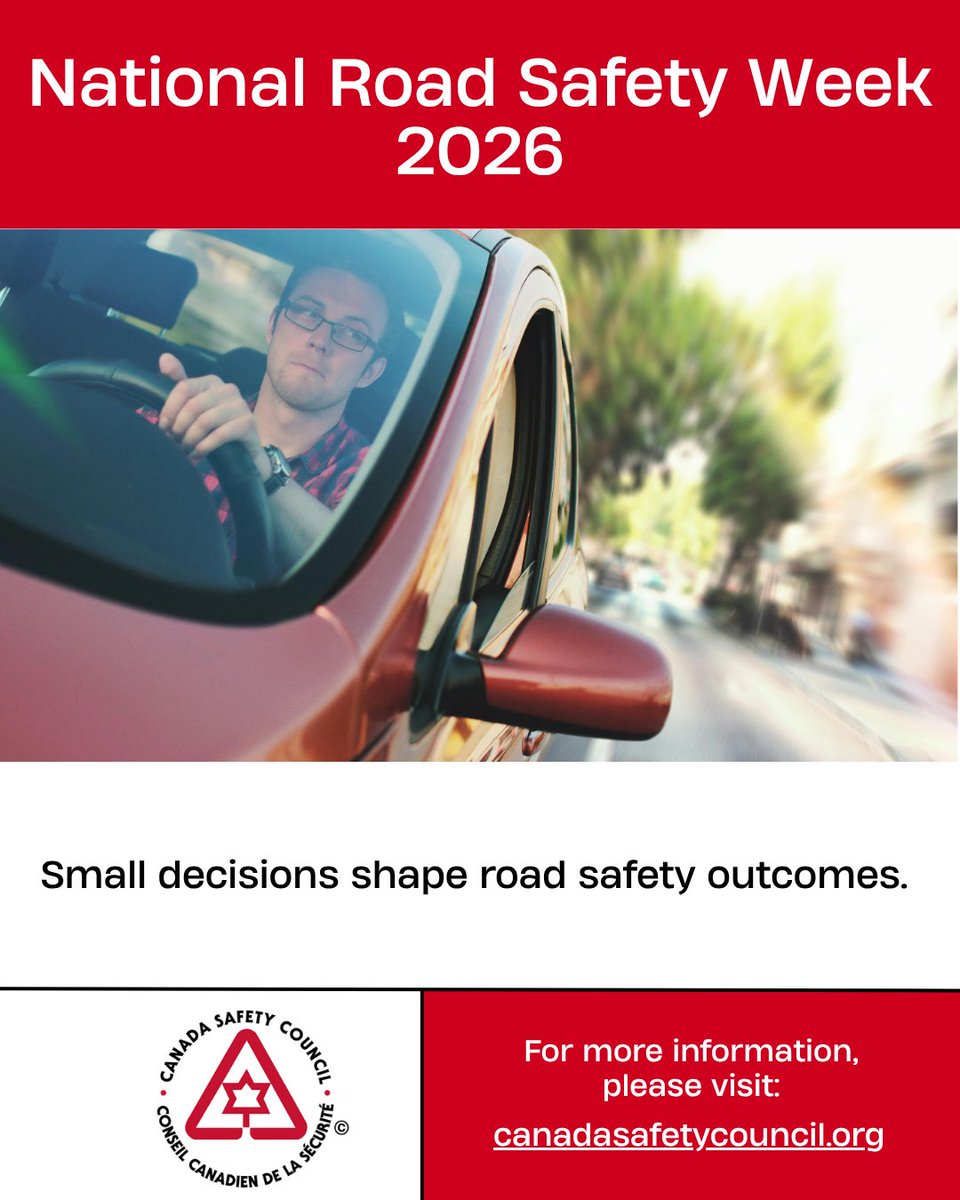 CanadaSafetyCSC's tweet photo. National Road Safety Week may be ending, but the habits behind the wheel still matter every day. Staying alert, focused and well-rested can make the difference   when reaction time matters most. 

#RoadSafety #NationalRoadSafetyWeek  #DriveAlert https://t.co/ser3JPFSWm