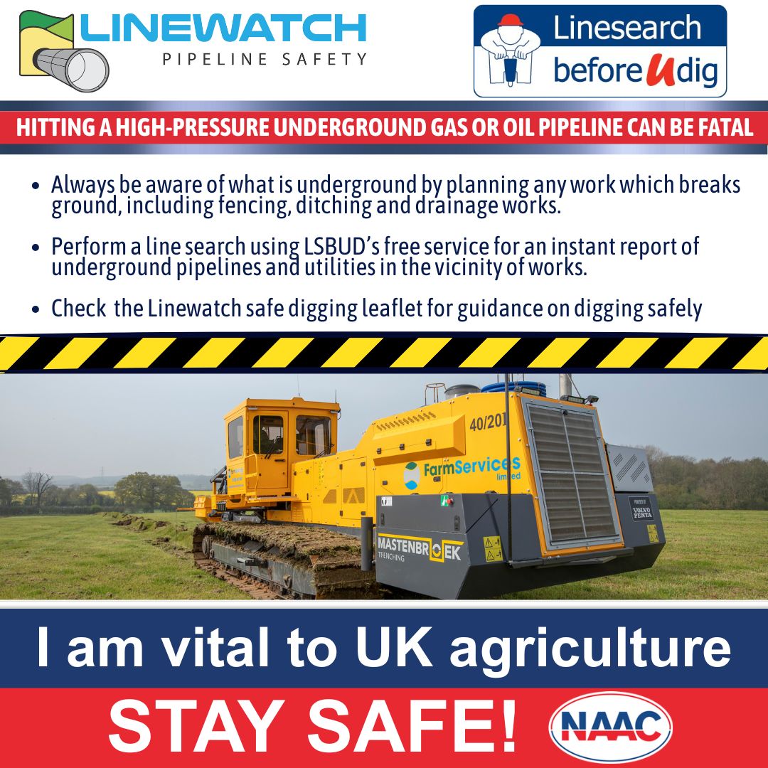 TheNAAC's tweet photo. USE THE NATIONAL SAFE DIGGING SERVICE: LINESEARCH Before you dig, check for gas &amp; oil pipelines &amp; STAY SAFE! https://t.co/m9o1wbqu6J Download the safe digging leaflet https://t.co/Z3eSIykLMJ #Agriculture #Farming #IamVitaltoUKAgriculture #StaySafe! @LinewatchSafety https://t.co/Gsn03SfJ9L