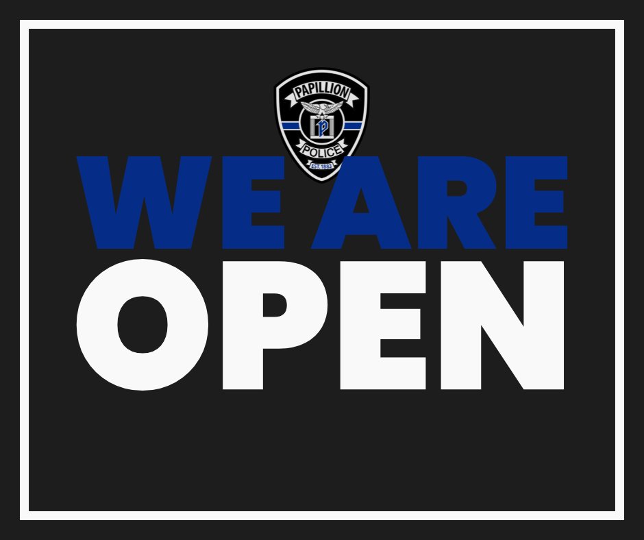 papillionpolice's tweet photo. Big news! π’π’
Your police department building at 1000 E. 1st Street is once again OPEN to the public!
The front entrance and parking lot are now officially open to the public. Thank you for your patience!
#policingwithpride #nowopen https://t.co/vTtsBVKZe7