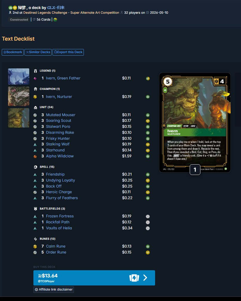 EveryDamnDay__'s tweet photo. "Riftbound is too expensive to get into"

WRONG. $13 IVERN DECK WILL TOP 2 YOUR LOCALS. https://t.co/yULBRwAJUr