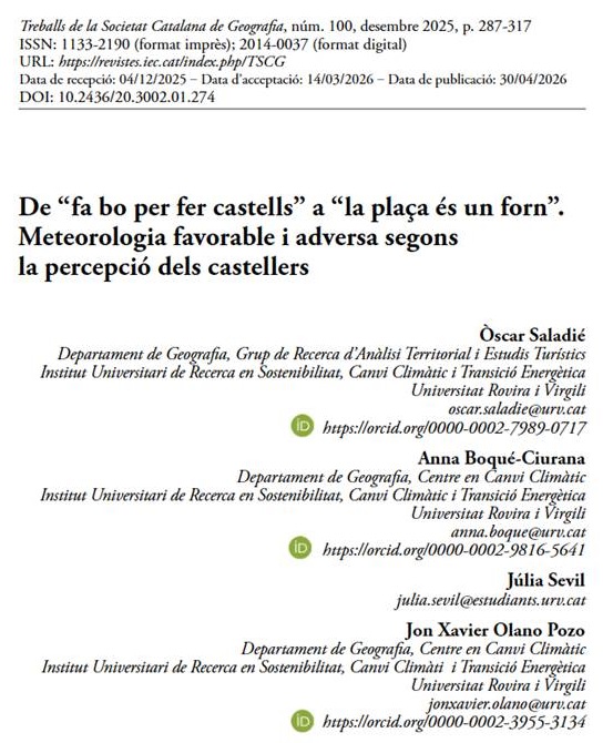 ftgURV's tweet photo. Nou article del PDI del Departament @geografiaURV, publicat a Treballs de la Societat Catalana de Geografia: De “fa bo per fer castells” a “la plaça és un forn”. Meteorologia favorable i adversa segons la percepció dels castellers.  https://t.co/rbdIPl7HBF👇 https://t.co/9WzfNc1Mwk