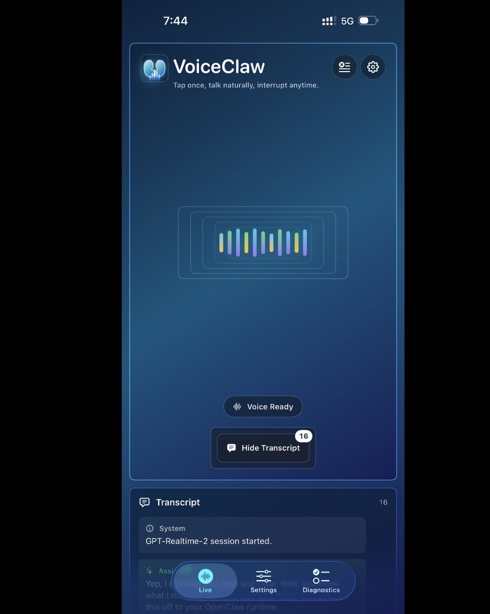 BenjaminBadejo's tweet photo. This GPT-Realtime-2 bridge to your OpenClaw agents is now ready for wider use. Native iOS app. Install the free TestFlight app on iOS and DM me your email address to  start using it immediately via a TestFlight “internal tester” invitation. Otherwise, the public TestFlight “external tester” link will be available in a few hours. 

The macOS companion app is linked in the first reply below. 

I may change the app name later, but for now the real work of getting it publicly available in a native iOS app is done. Let me know what you think!