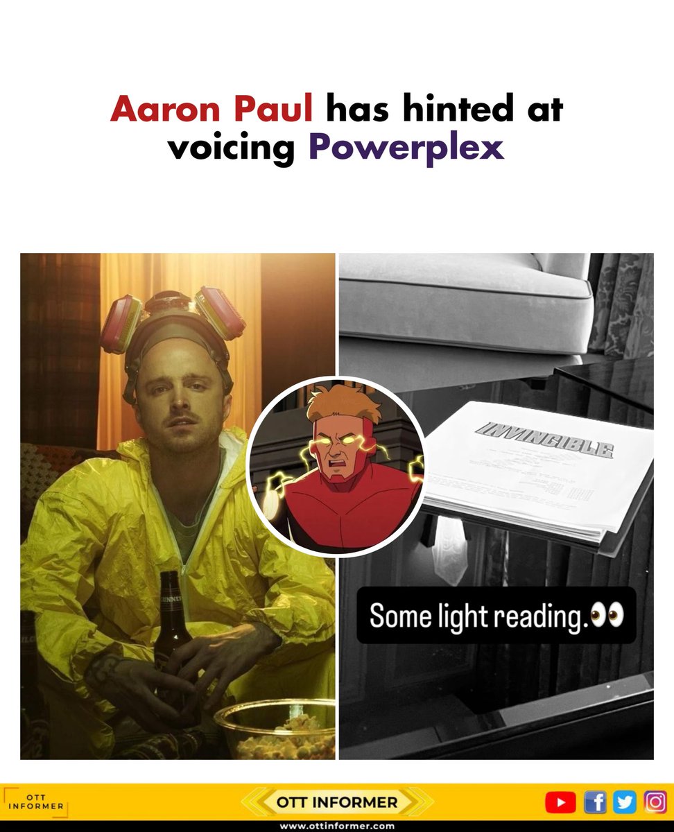 OTTInformer's tweet photo. Aaron Paul Teases Potential Return as Powerplex in ‘Invincible’ ⚡🔥

#Invincible #AaronPaul #Powerplex #PrimeVideo #RobertKirkman https://t.co/vFb2wEKgUE