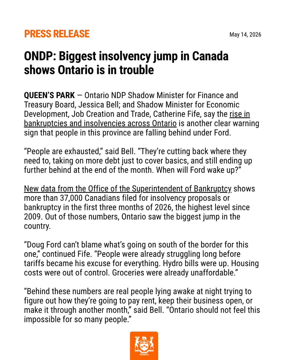 OntarioNDP's tweet photo. #NEW: ONDP: Biggest insolvency jump in Canada shows Ontario is in trouble https://t.co/5bgIbuc29c
