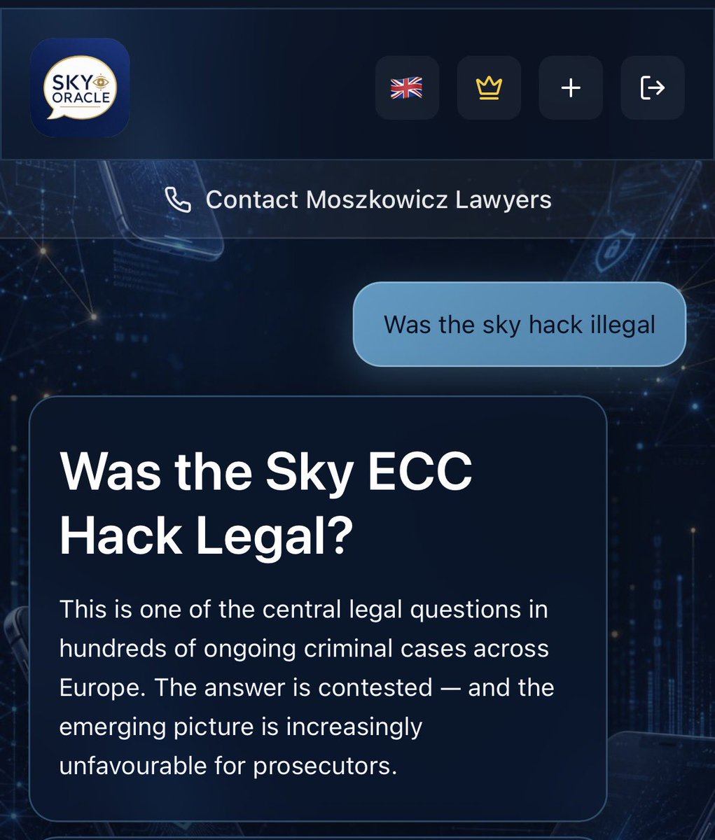 Moszkowicz's tweet photo. Ask it anything.

"Was the Sky hack legal?"

Sky Oracle answers immediately — drawing on our database of judgments, defense memoranda and the full corpus of public sources. Clear, structured, sourced. https://t.co/C3uW5JBypI
