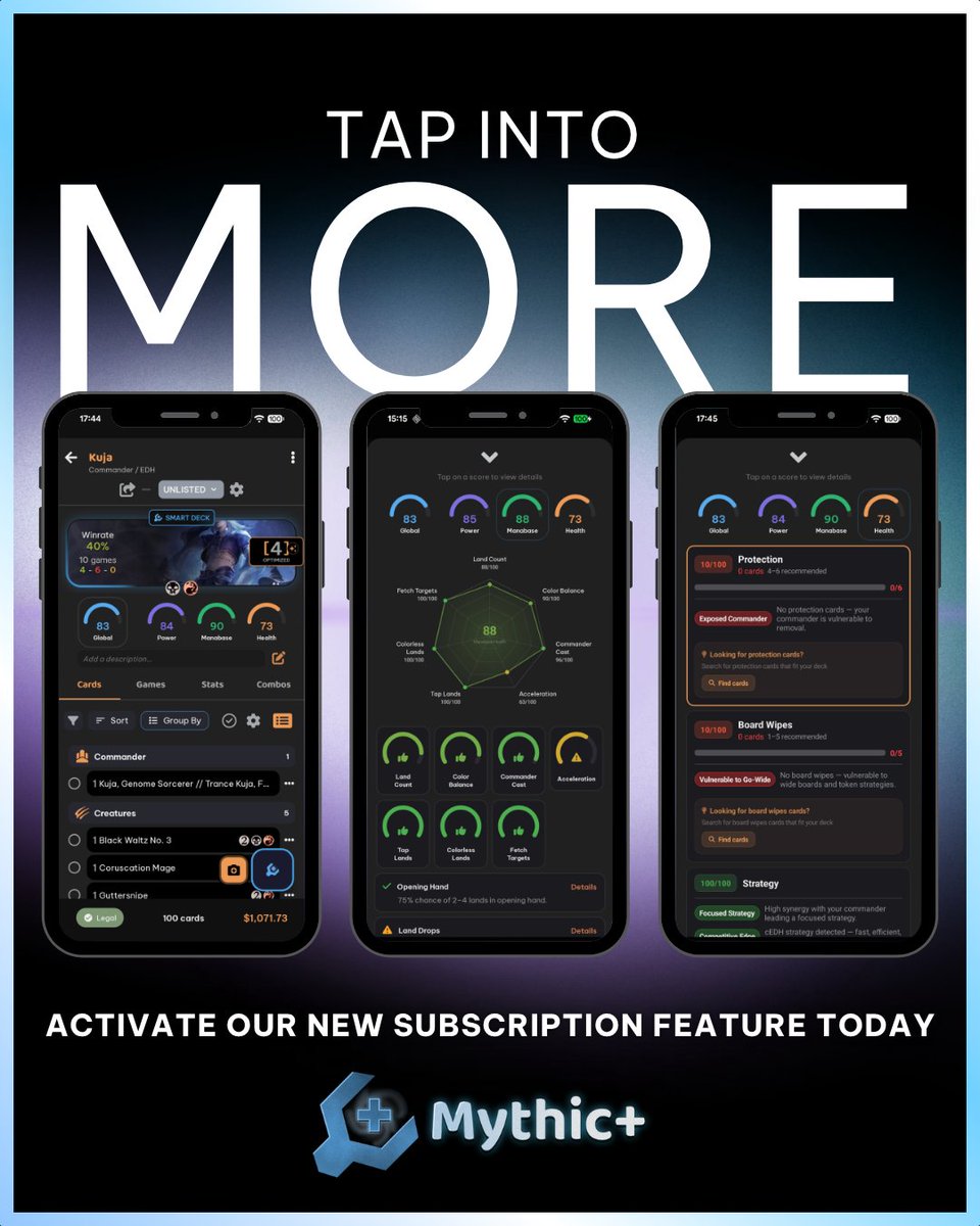 Mythic_Tools's tweet photo. Unlock advanced insights, smarter recommendations, and next-level deck optimization with Mythic+.

⚡ Deeper analysis
📈 Better decisions
🎯 Stronger decks

Tap into more. Upgrade to Mythic+ today! https://t.co/HEvTuabMXj