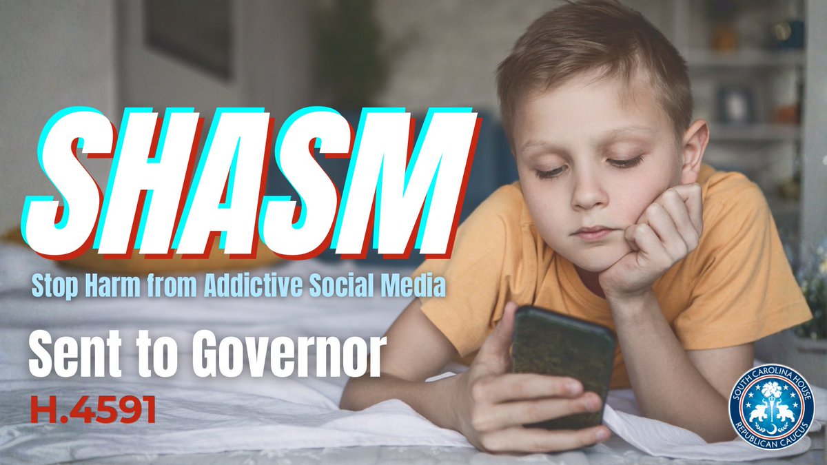 SCHouseGOP's tweet photo. 🚨House Passes — STOP HARM FROM ADDICTIVE SOCIAL MEDIA BILL (H.4591)!

👍 After concurring with senate amendments, the bill now heads to @henrymcmaster to help protect kids from addictive social media and puts parents back in the driver’s seat! 

👏 This is a huge win for South Carolina families and parents looking to have more parental controls online! Thank you @brandonguffeysc driving this important legislation.

👀 Learn more here: https://t.co/uUnwzK9Raz