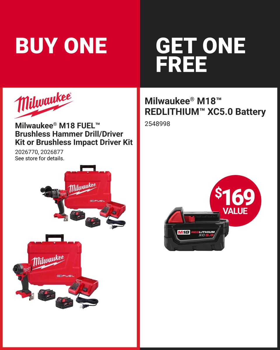 HardwareMurphy's tweet photo. Buy one Milwaukee® M18 FUEL™ brushless drill or impact driver kit and get two M18™ REDLITHIUM™ XC5.0 batteries free — a $169 value. A smart way to add serious power and keep projects moving without extra trips. Learn more at https://t.co/xINA3QNrXB. #MyLocalAce https://t.co/VHcgysQJN2