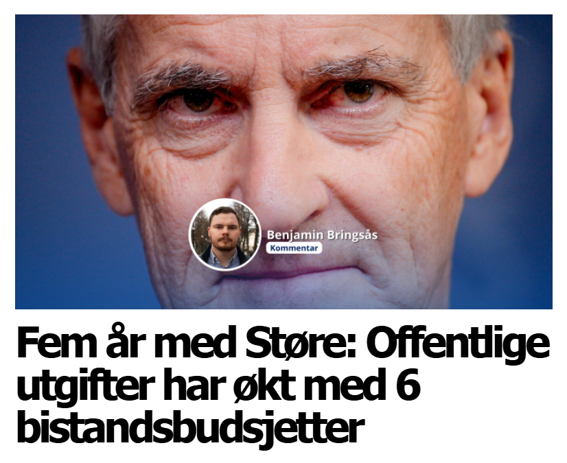 benjabrin's tweet photo. Arbeiderparti-regjeringen koster folket i snitt over 700.000 kroner.

Den inflasjonsjusterte økningen på statsbudsjett siste fem år er på 333 milliarder, tilsvarende mer enn ti år med politiet – eller rundt 41 år med finansiering av NRK og pressestøtte.

Men hvor mye vil Støre ha kostet oss iløpet av hans to regjeringsperioder?

Dersom den gjennomsnittlige prosentvise realveksten fra 2021 til 2026 fortsetter i samme takt, prosjiseres statsbudsjettets utgifter fra siste Solberg-budsjett til Støre blir avsatt i 2029 til å havne på rundt 560 milliarder kroner, målt i 2026-kroner.

Den samlede summen iløpet av disse årene er ca. 2.120 milliarder, justert for inflasjon. Med dagens vekst vil nesten et helt års statsbudsjett bli sugd inn i «mer stat» i løpet av Støre-periodens overkanten 8 år.

Den gjennomsnittlige kostnaden for Støres to valgseiere er på hele 731.000 kroner per sysselsatt.

For mange tilsvarer det flere år med skatt – bare for å finansiere ekspansjon i statens økonomiske omfang.

Å kutte offentlige utgifter er vår viktigste politiske sak. 

Få med deg min siste iNyheter-kommentar, som tar for seg siste fem år med Støres utgiftsekplosjon.